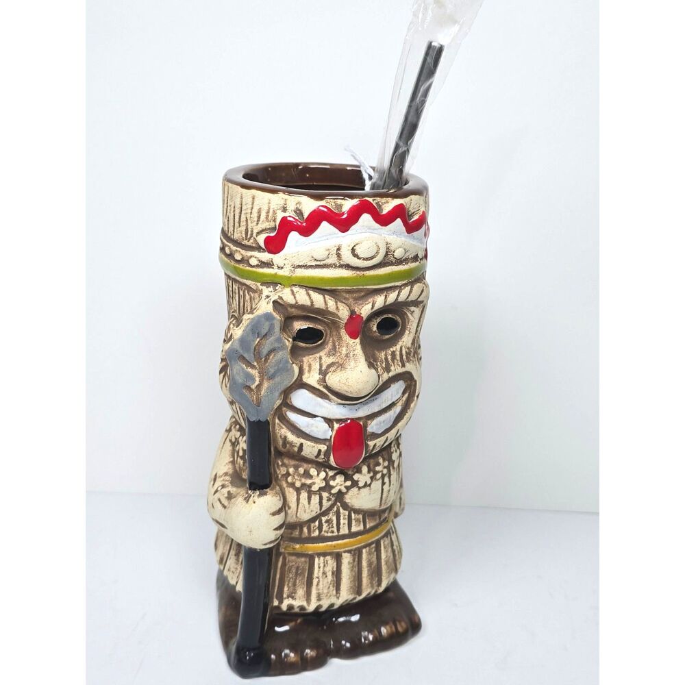 Tiki Soul TIKUSODA Tiki Bar Mug Ceramic Spear Warrior Mask Metal Straw 8"